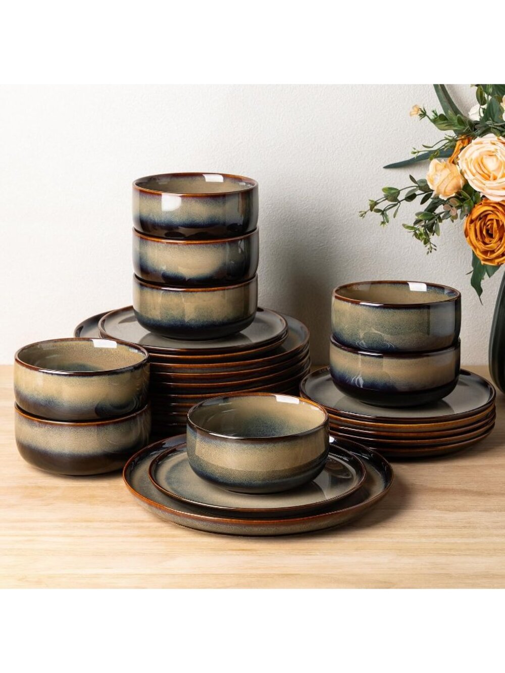 Mocha Brown Terra Ceramic Dinnerware Set For 8, 24-Piece Plates And Bowls Sets